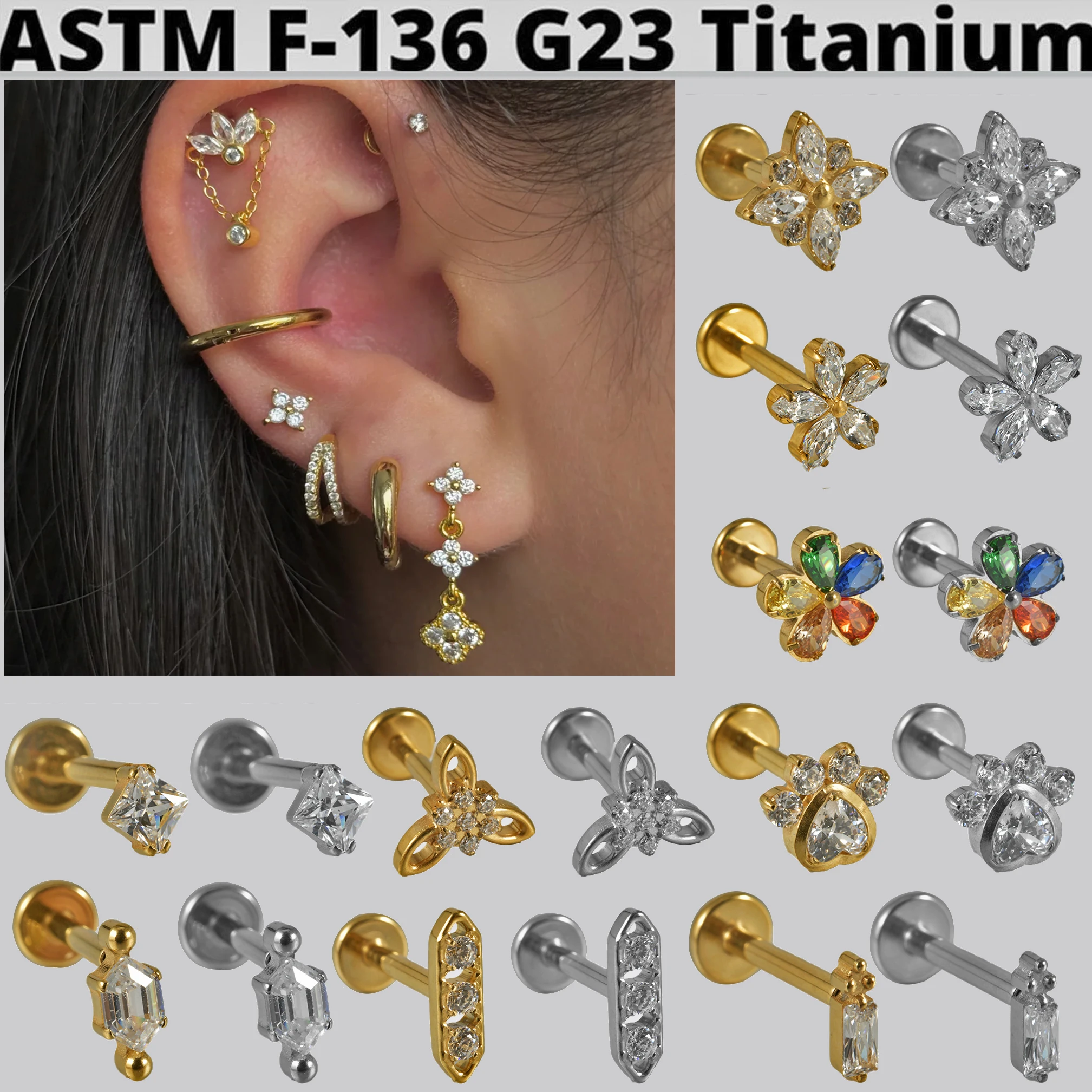 1PC Zircon Flower Titanium Lip Studs Internal Thread Cz Footprint Ear Helix Tragus Cartilage Earrings Body Piercing Jewelry 16G