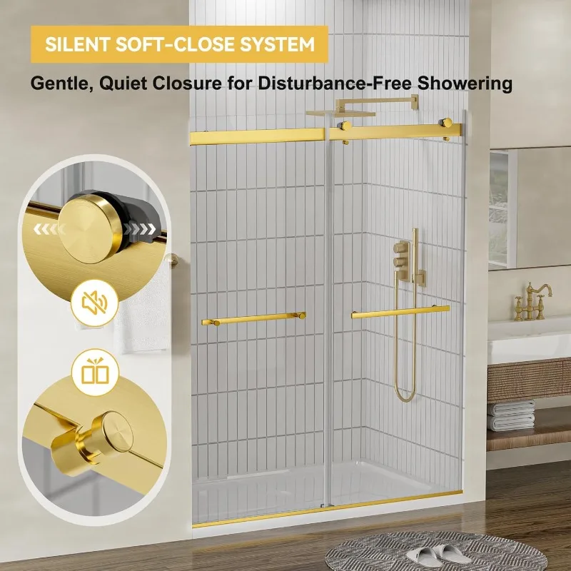 Porta doccia con chiusura morbida da 56-60 pollici di larghezza - Doppio cursore senza telaio dorato, vetro da 8 mm