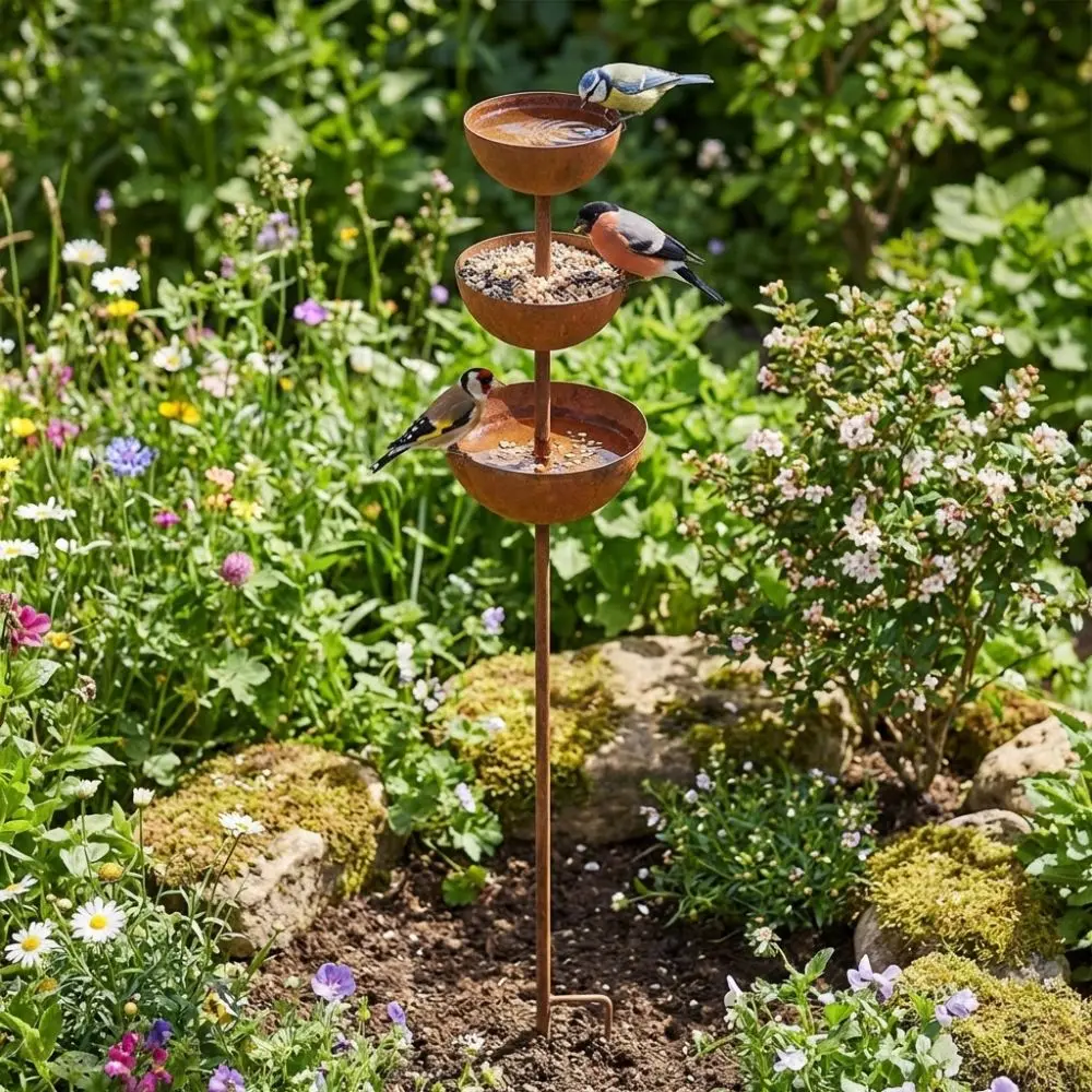 3-Tier Bowl Metal Bird Bath Rusted Vintage Iron Garden Rain Catcher Garden Stake Decorative Bird Water Dispenser Patio Backyard