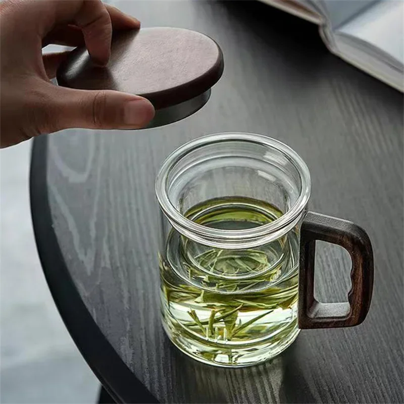 400ml Walnut Wooden Handle Glass Tea Cup With Tea Infuser Filter Flower Tea Water Separation Scented Tea Mug Drinkware