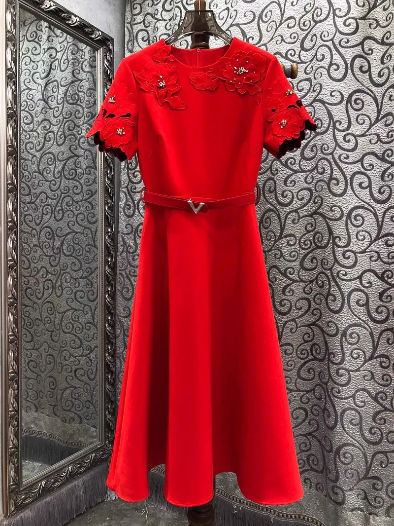 Top Quality New 2025 Spring Dress Women Hand Made Beading Flower Belt Deco Short Sleeve Apricot Red Black Party Swing Dress XL