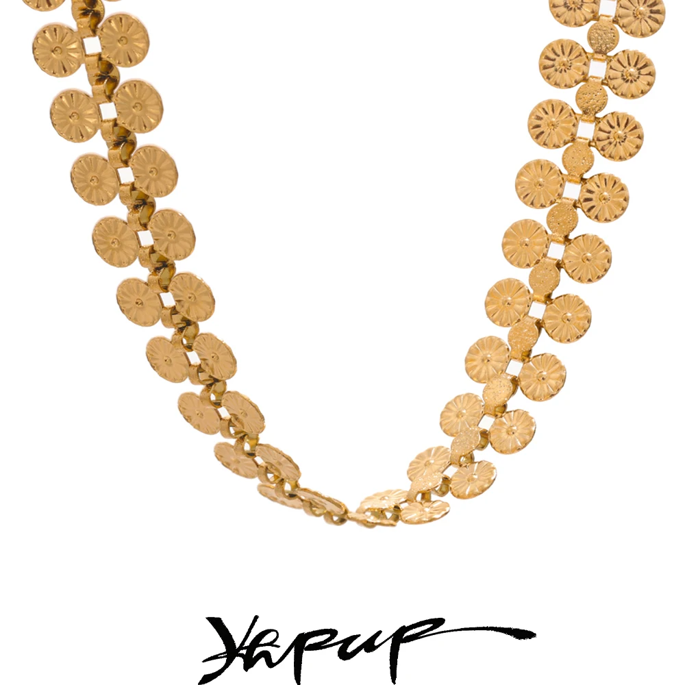 Yhpup  Stainless Steel Coin Flower Chain Fashion Vintage Necklace Bracelet Set Statement Charm Waterproof Gold Color Jewelry