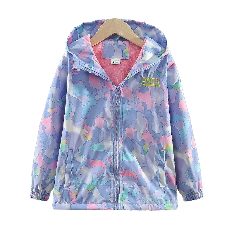 

Girls Waterproof Hooded Sweet Printed Fleece Lined Zip Hiking Jacket School Kids Outfit Windbreaker Tops Child Track Coat 3-14Yr