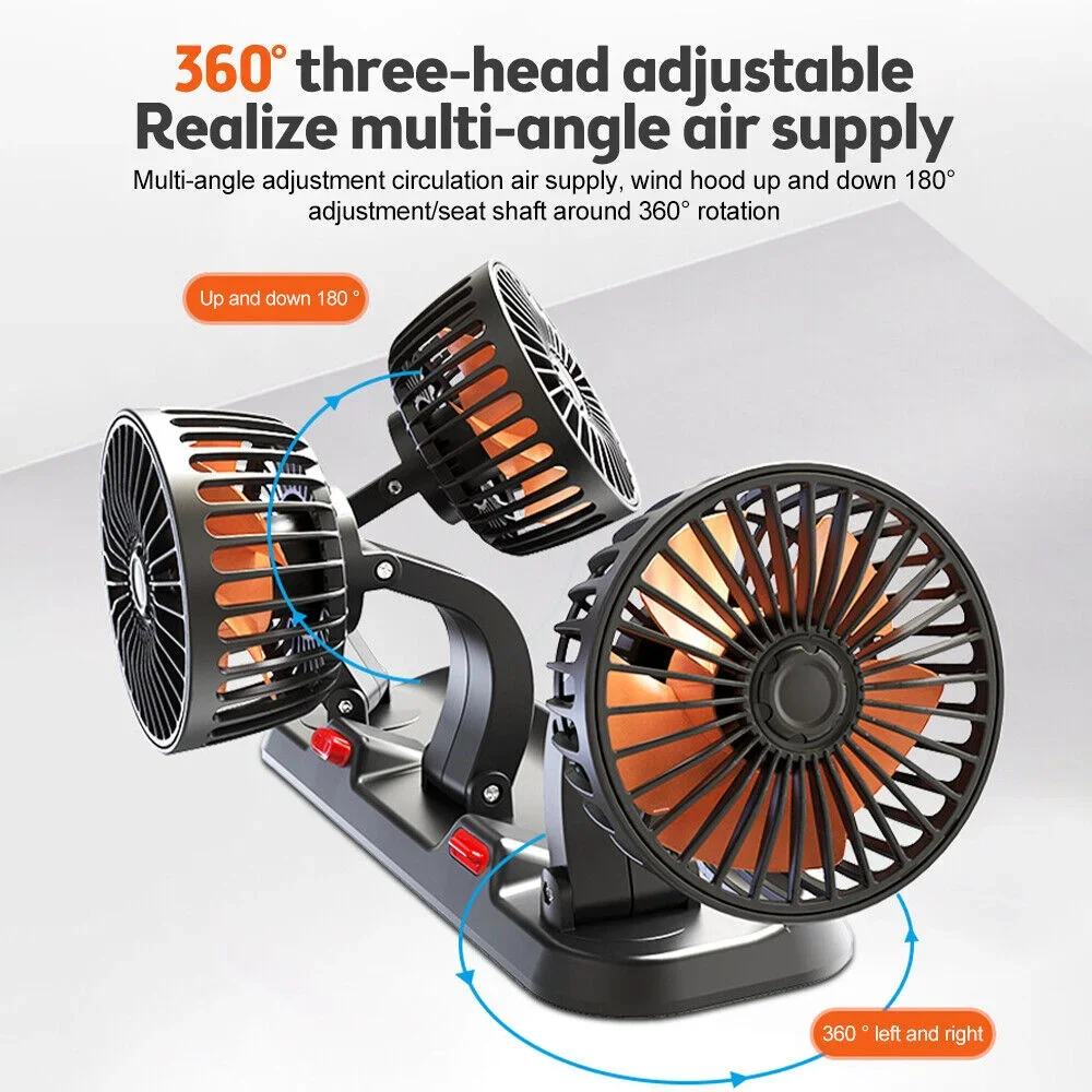 Car Fan 360° Adjustable 3 Head Air  Automotive Electric  USB/12V/24V Fan 2 Speeds Car Silent  For Home Desk Office&Car