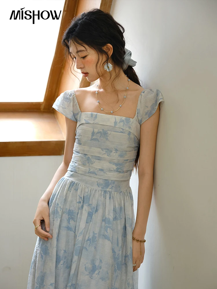 

MISHOW Women's Fashion Print Dress 2025 Summer Square Neck Flying Sleeve Vacation High Waist Dresses Women's Clothing MXE35L2274
