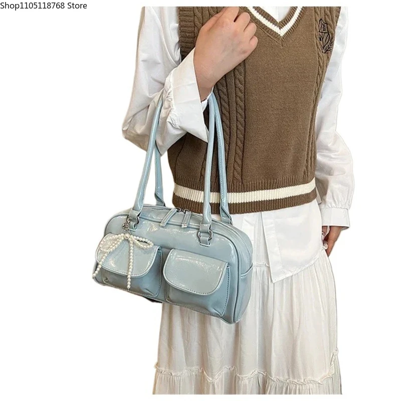 

Модные однотонные сумки на плечо из искусственной кожи с застежкой-молнией, универсальные сумки на плечо с бусинами, внутренние карманные сумки на молнии для женщин