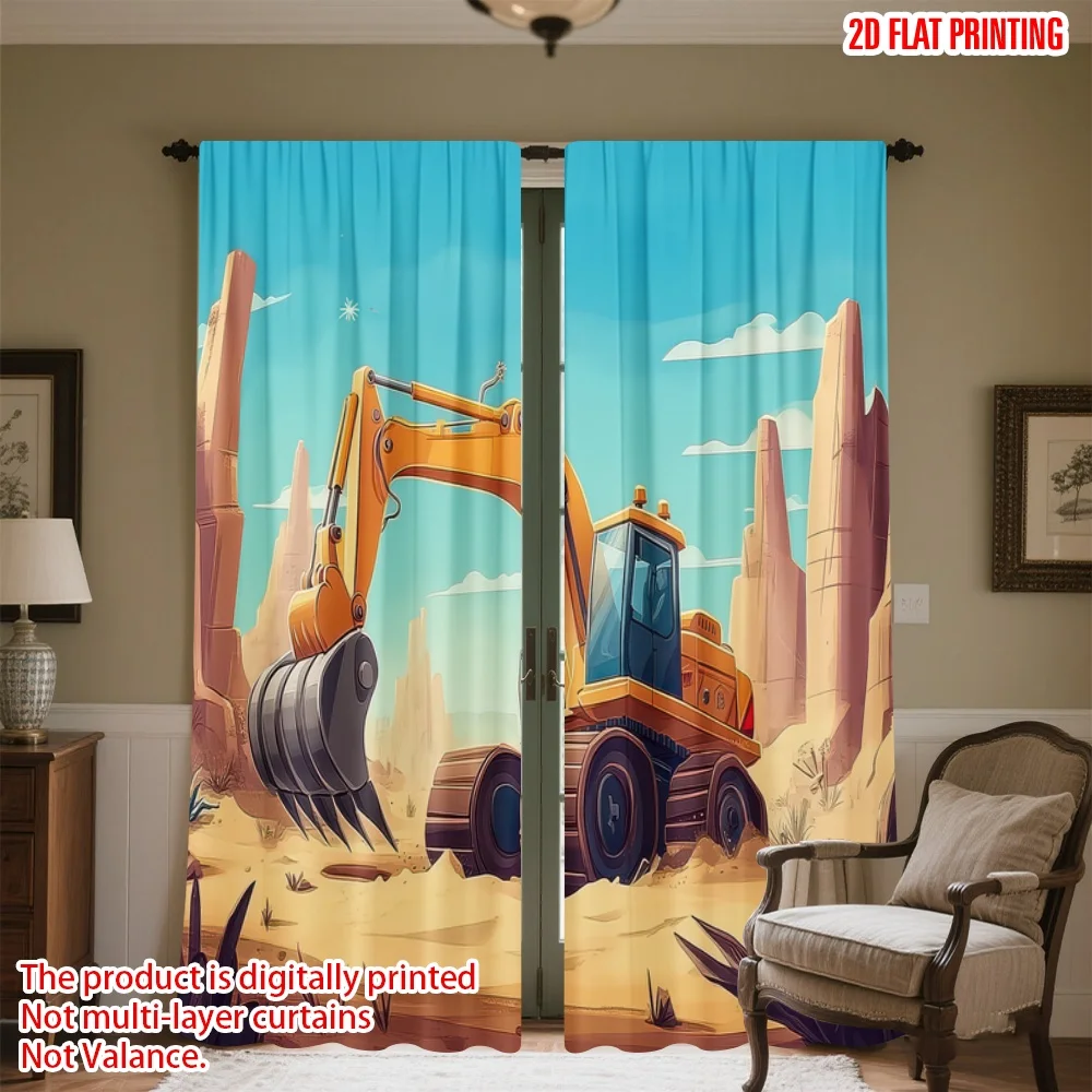 

2D flat printing 2pcs Window Curtains Desert Excavator Adventure Digital Printed Polyester Drapes Festive Wall Decor Use for