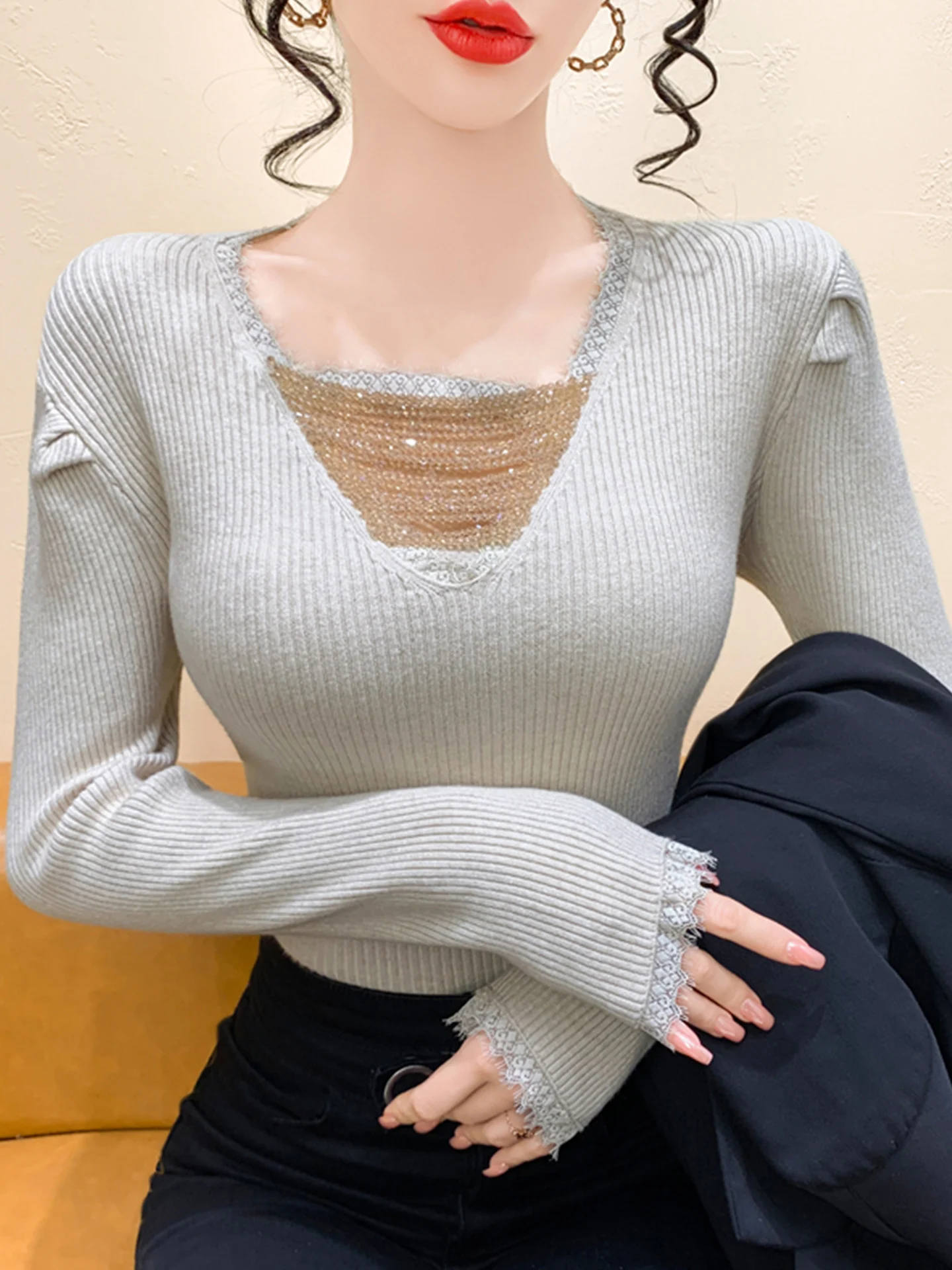 Feminino longo sve v-ne malhas fino ajuste camada base camisola corrente design outono inverno novo sle commute sle tecido macio