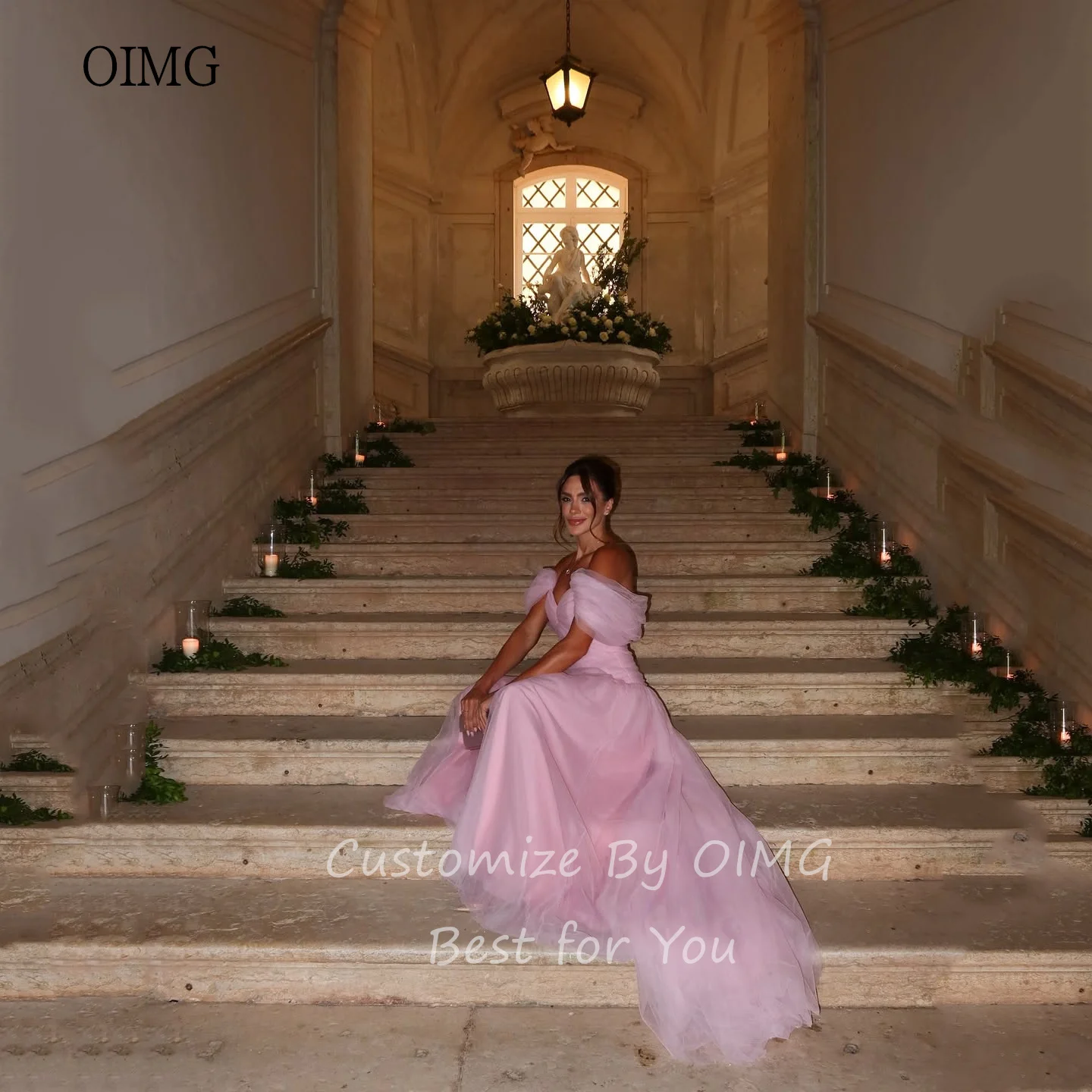 OIMG Dreamy Princess Pink A Line Prom Gowns Off The Shoulder Party Gown Floor Length Evening Dress vestidos de gala Customized image 6
