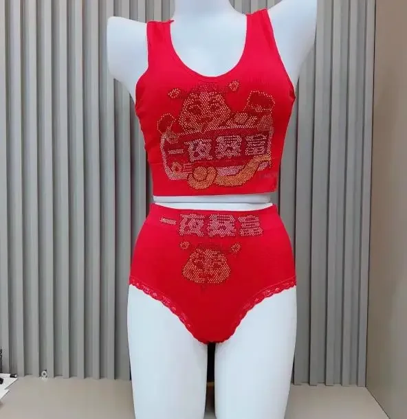 The year of my birth sign red inner sets Rhinestones Underwear Set Women red Bra  and red briefs