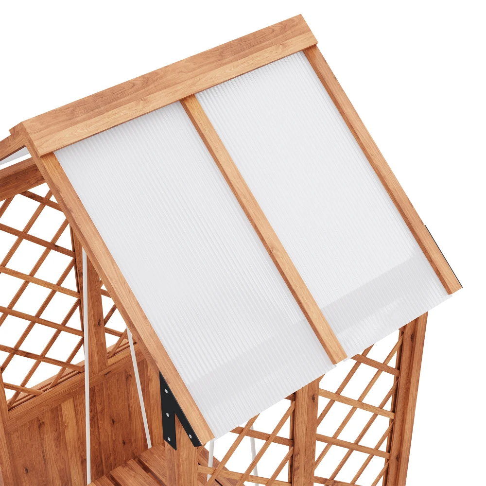 PINGGO Pflanzentopf-Schaukel für den Außenbereich mit Rankhilfe und Polycarbonat-Sonnenschutz, braunes laminiertes Holz für Terrasse und Rasen – Detail 20