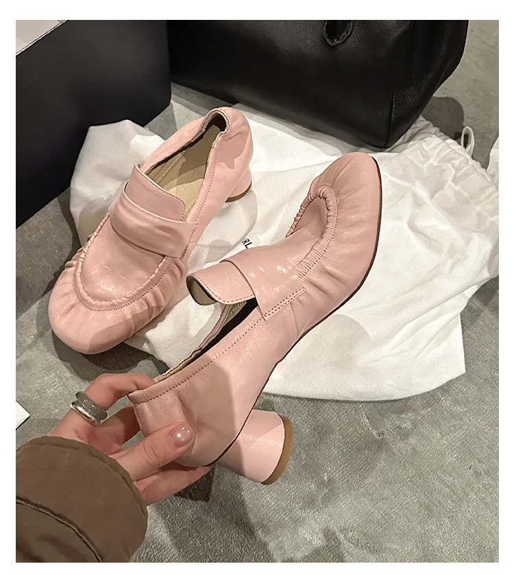 Round-toe Pleated Retro Simple Slip-on High-heel Loafers for Women 2026 New Deep-mouth Single Shoes,Commuter Small Leather Shoes