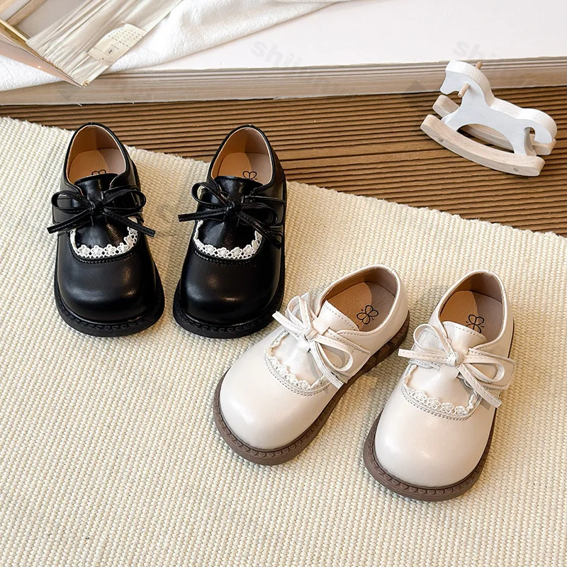 Girls Princess Leather Shoes 2026 Spring Bow Sweet Children Lace Flats Casual Shoes Fashion Kids Performance Shoes Size 21-33
