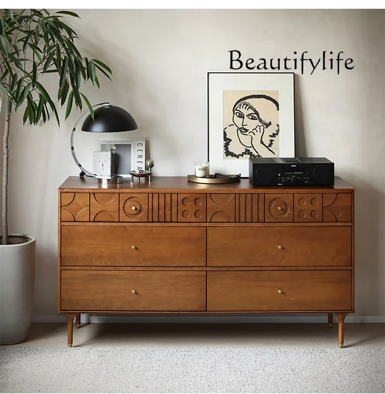 

home furniture all items Nordic Retro Style Simple Solid Wood Carved Chest of Drawers Design Sense Storage Organizer Side Cabine