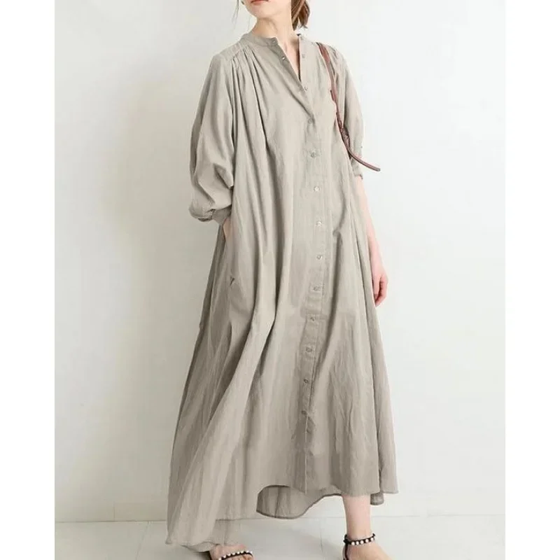 Loose Large Size Shirt Dress Knee-Length Open Cardigan Cotton Linen Base Shirt Elegant Long Sleeve Women's Dress