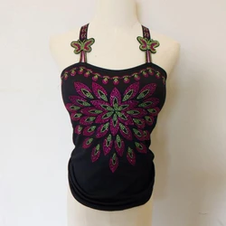 Women Red Gold Gemstones Tanks Tops Woman Rhinestones Tanks Women Padded Camis Flower Camis