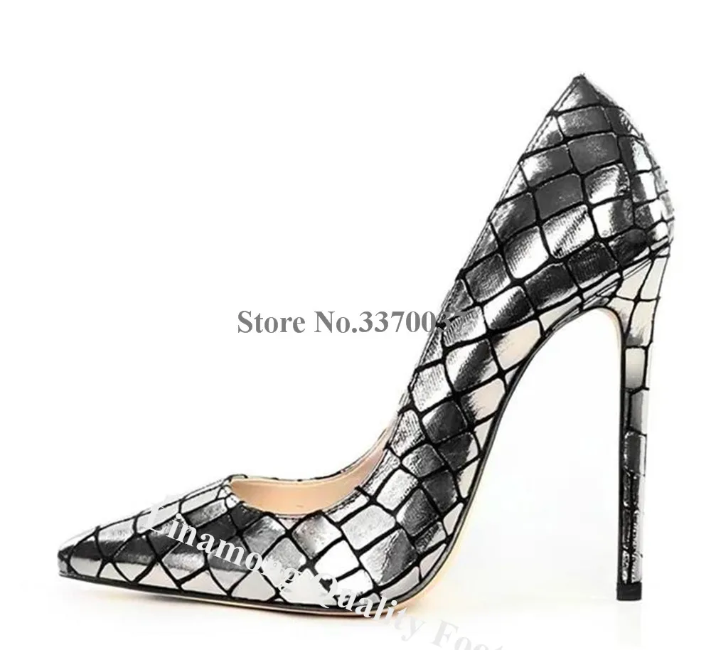 Linamong Gold Silver Checkered Pattern Leather 12cm Pumps Pointed Toe Slip-on Metallic Snakeskin Stiletto Heel Wedding Shoe