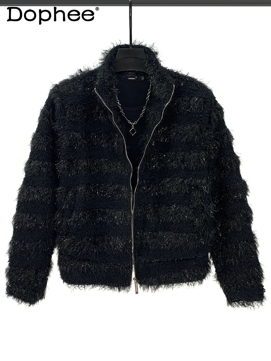 

Winter Tassel Design Short Loose Jacket Stylish Men Fashion Trend Warm Thickened Sequin Zipper Stand Collar Coat
