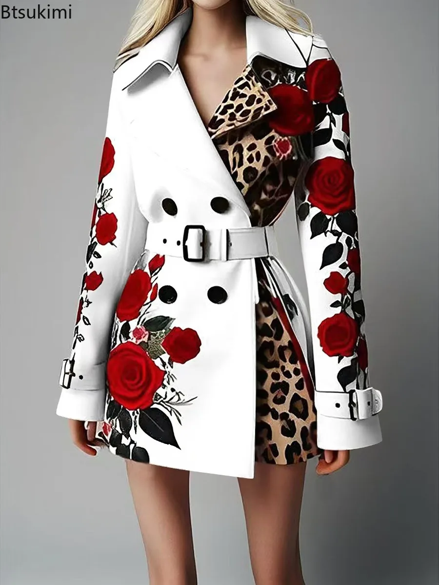 Damen Schicker Trenchcoat mit Rotem Rosen-Leopardenmuster, Doppelreihig, Gürtel, Revers, Langarm-Oberbekleidung, Winter-Damenjacke für Casual-Looks