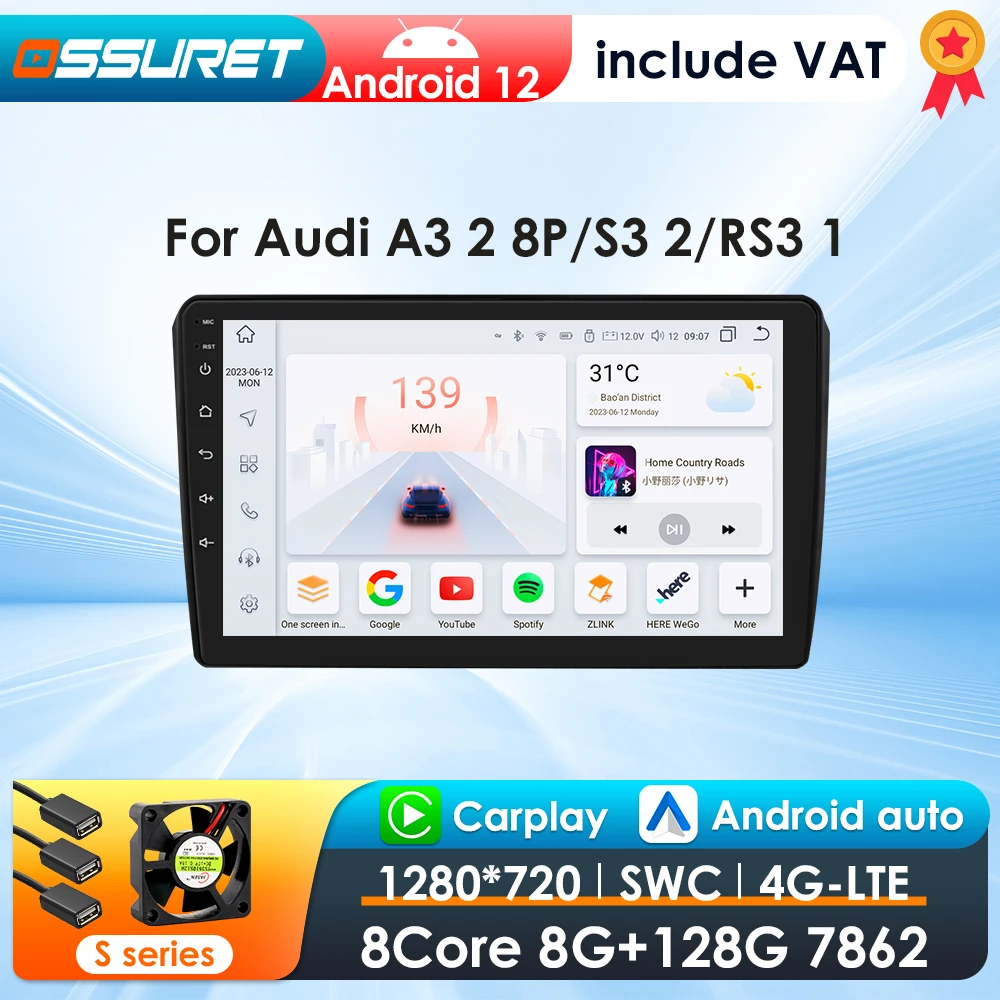 OSSURET-CarPlay أندرويد راديو سيارة آلي ، مشغل فيديو متعدد الوسائط ، GPS Navi ، 2Din ، 4G-LET Autoradio RDS ، Audi A3 8P ،-ive