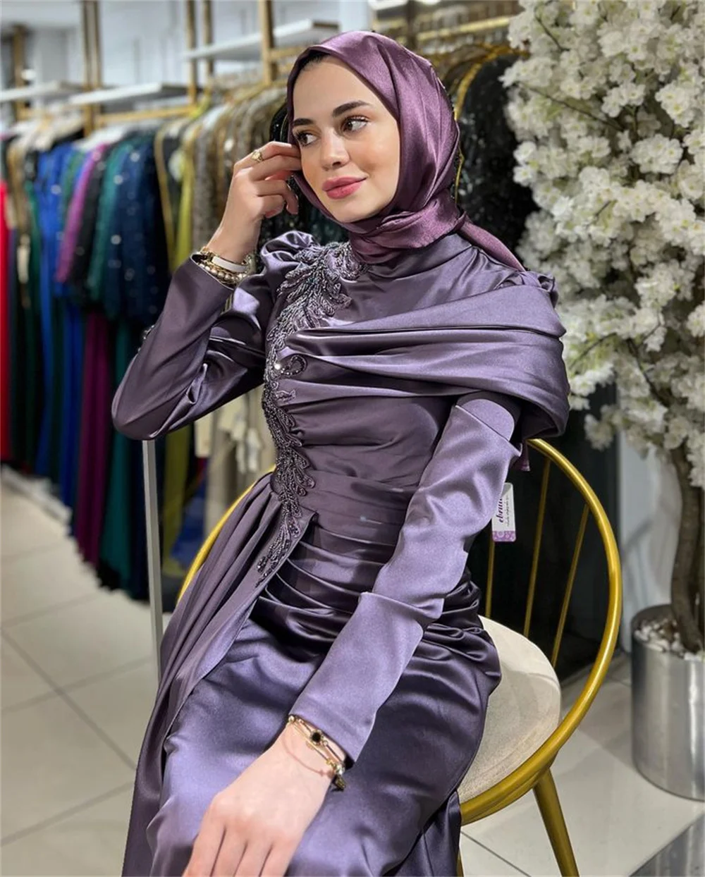 Sansa Purple Satin فساتين سهرة Pleats Modest Mermaid Prom Dresses Elegant Long Sleeves Floor-Length Long Train Saudi Arabia 2024