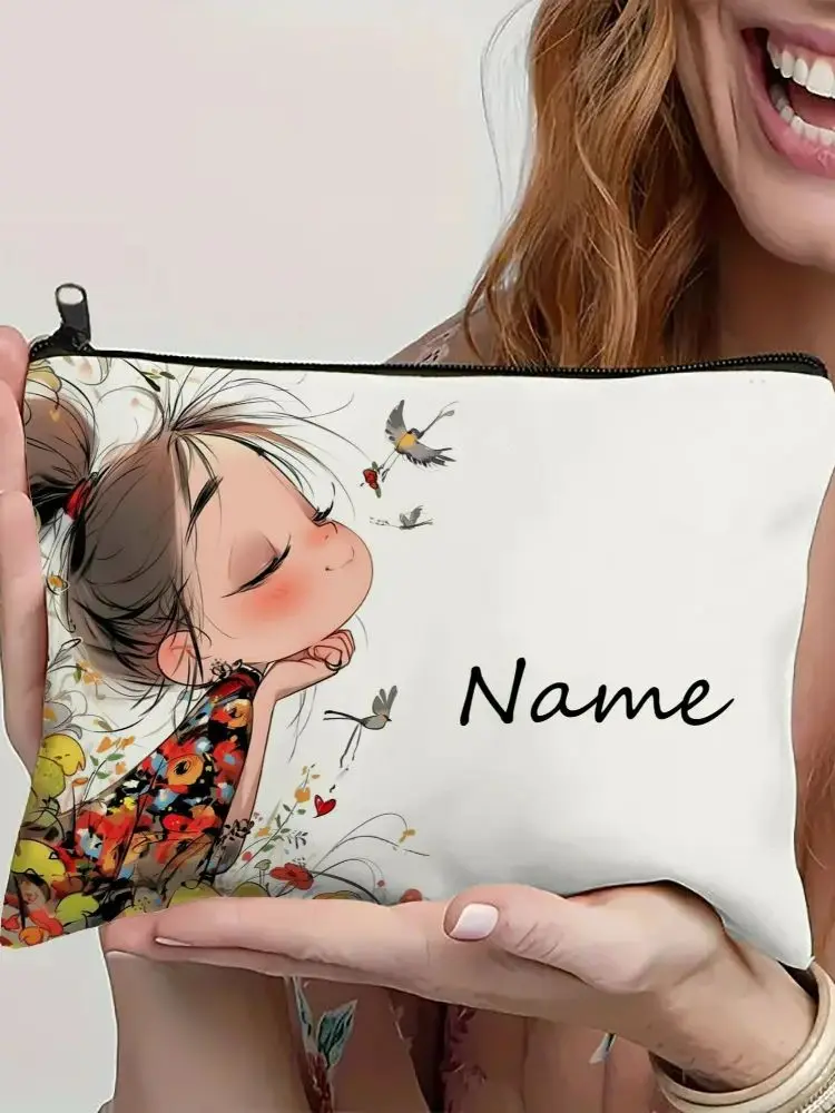 Sac de maquillage Vintage avec nom personnalisé pour fille, sac à main, trousse de toilette, trousse à crayons, cadeau de vacances, sac à cosmétiques