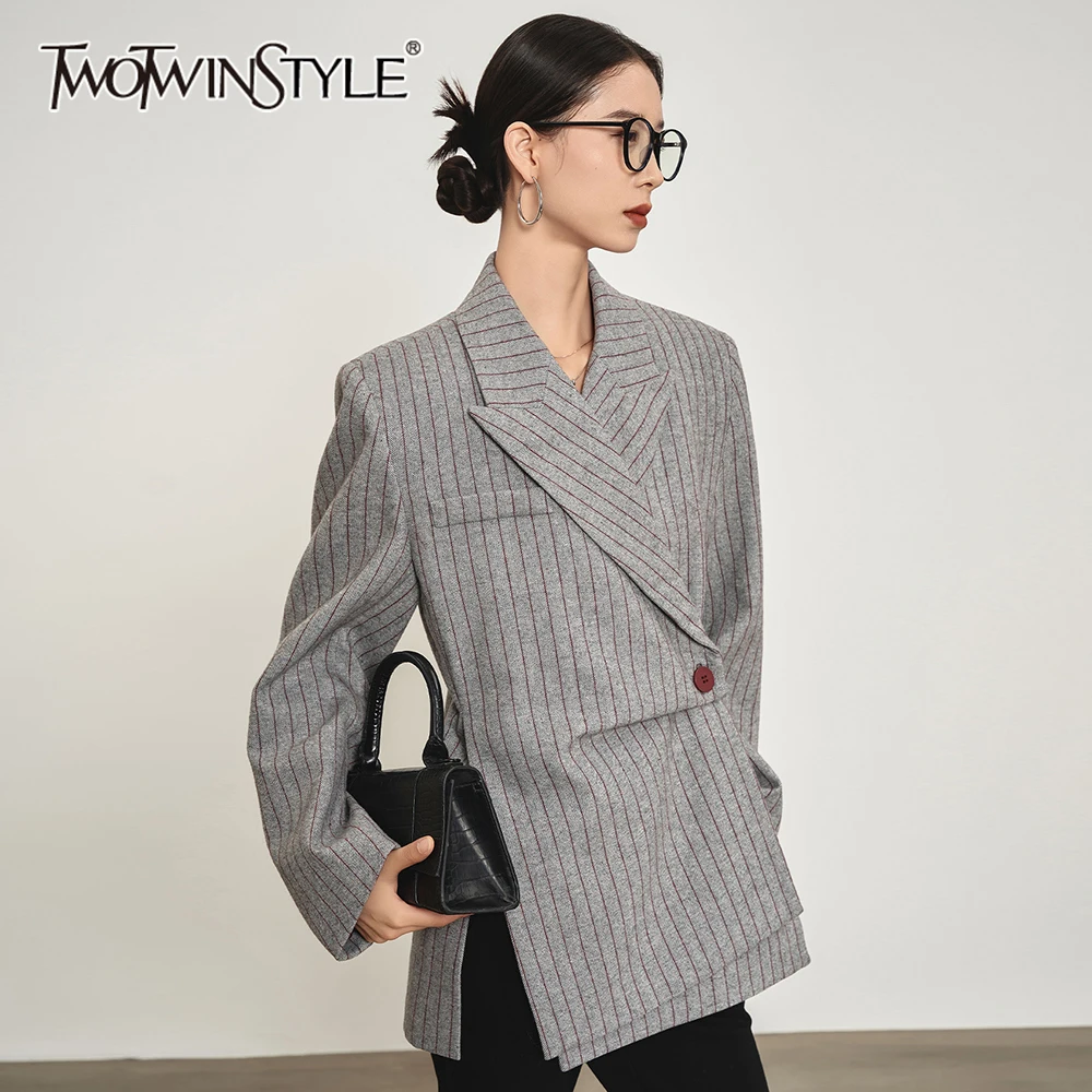 TWOTWINSTYLE Striped Printting  Asymmetrical Chic Blazer For Women Notched Collar Long Sleeve Slimming Blazer Female Clothes New