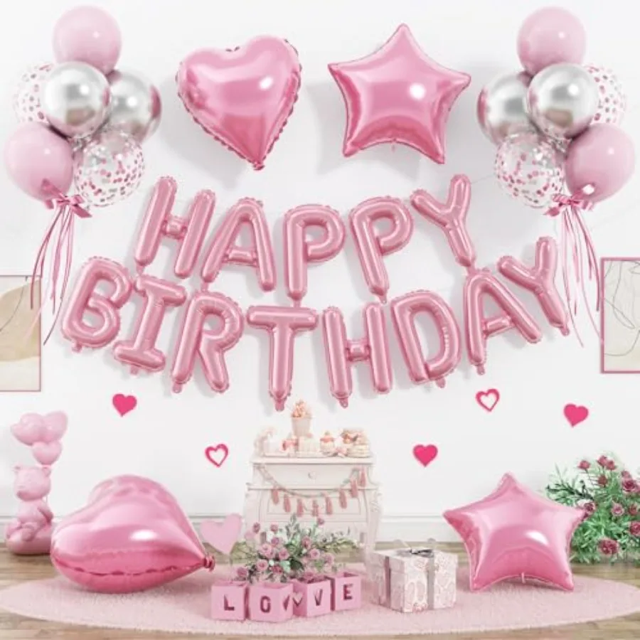 

29PC Happy Birthday Balloons Banner, 16 Inch Aluminum Letter Banner Sign, Pink Silver Confetti Balloon 18 Inch Star Heart Foil