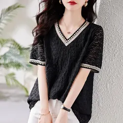 Korean Solid Color Fashion Spliced Shirt Summer Thin Short Sleeve Commute Women's Clothing Casual V-Neck Loose All-match Blouse