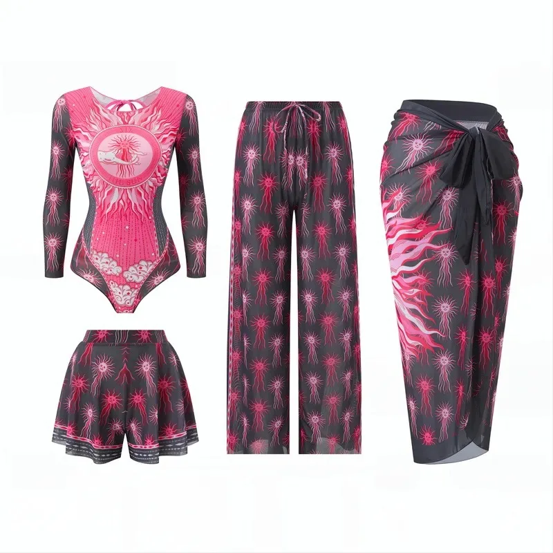 Women's Four Piece One-Piece Long Sleeved Sun Protection Swimsuit with Mesh Wrapped Skirt Beach Style Swimwear