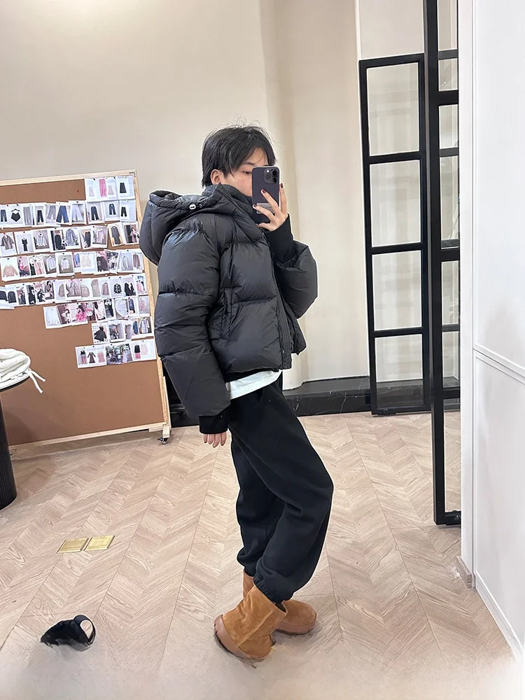 

Warm Thi Goose down Puffer Jaet Long Sve Bread Sle Outerwear Top for Women Simple Commute Sle Zipper Closure Strai...