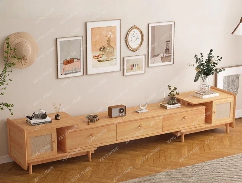 

Rattan solid wood TV cabinet Small apartment low cabinet Living room telescopic storage TV cabinet