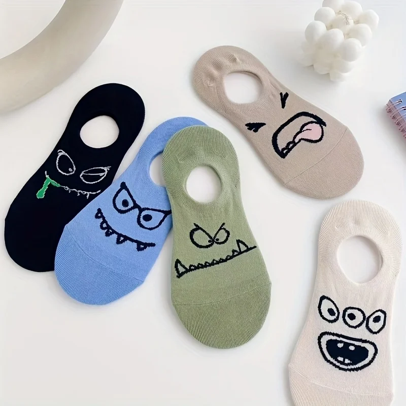 5 أزواج من الجوارب النسائية ذات القارب المضحك الكرتونية، جوارب صيفية رقيقة غير مرئية ذات فم ضحل، جوارب قصيرة لطيفة