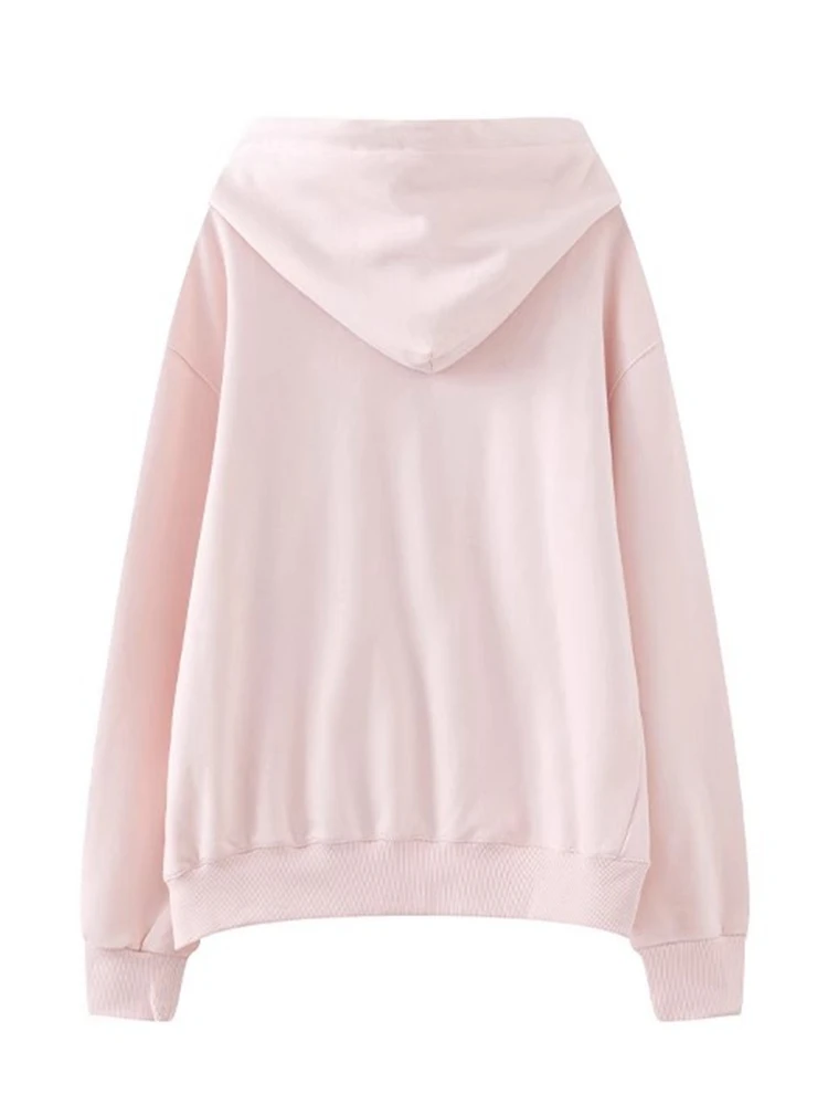 PUED Casual Women Pink Solid Loose Sweatshirts 2023 Autumn Sweet Pocket Hooded Long Sleeve Coats Female Chic Zipper Outwears