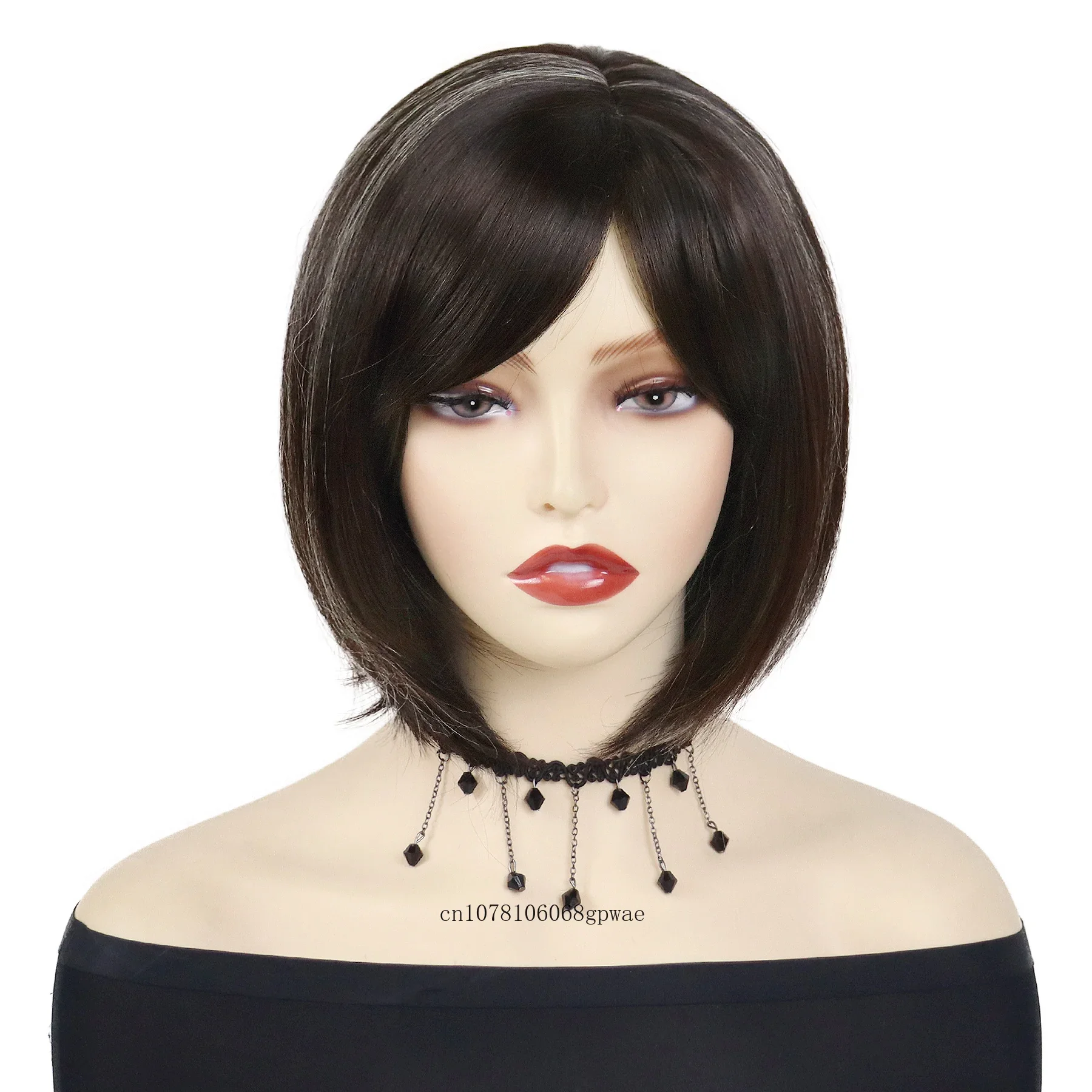 Short Bob Cut Wigs with Bangs Synthetic Straight Hair Mix Brown Wig for Women Natural Soft Ladies Mommy Daily Cosplay Party Use