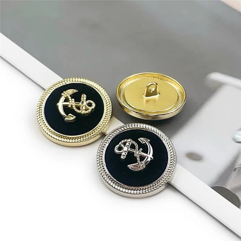 FCXDG 10pcs Vintage British Style Fashion Clothing Buttons Navy Anchor Design Metal Flocking Gold Round Sewing Buttons for Coat