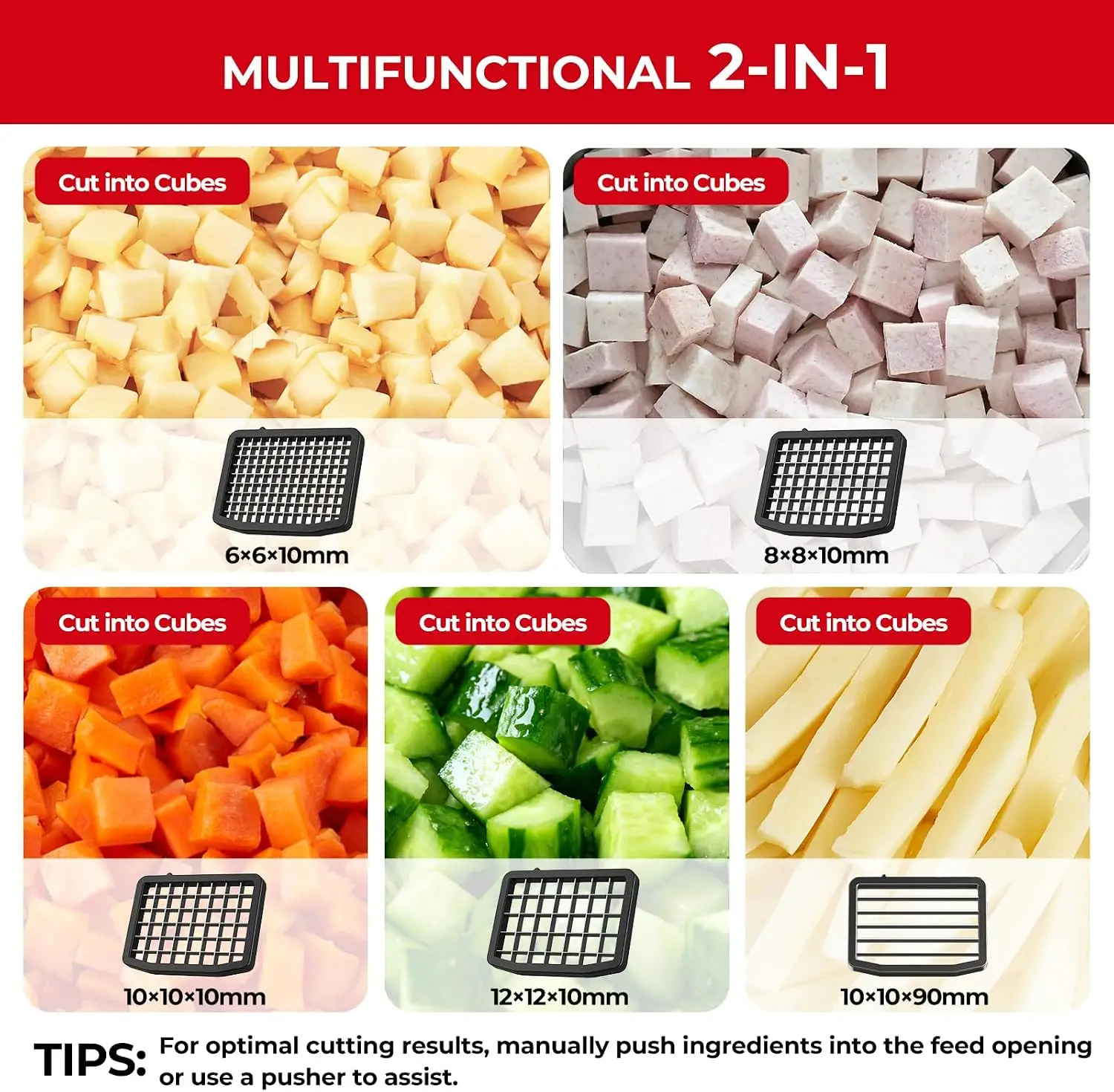 2-In-1 Electric Vegetable Dicer Strip Cutter, 200W Electric Vegetable Chopper with 4 Size Dicing Blades & Strip Cutter Blade, Fo