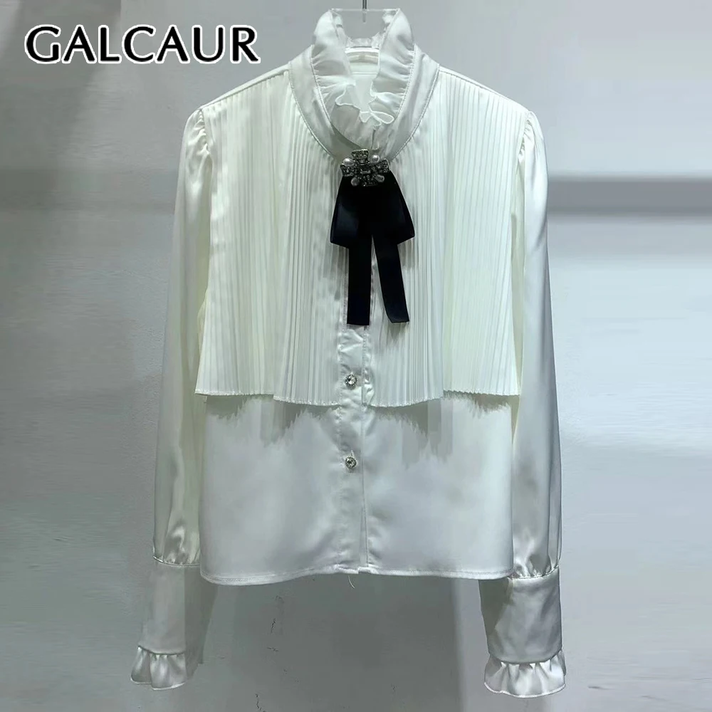 

GALCAUR Solid Spliced Diamond Kowknot Basics Shirt Female Turtleneck Long Sleeve Loose Women's Shirts Summer Style Fashion New