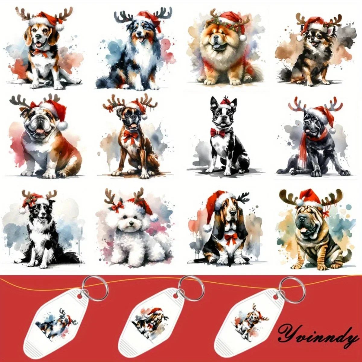 36Pcs/Set UV DTF Watercolor Christmas Animals UV DTF Packaging Transfer Paper Waterproof Keychain for Hotel Keychains