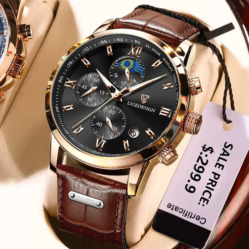 

LIGE New Brown Leather Watch for Men Casual Business Luminous Watch Men Top Brand Luxury Waterproof Men's Quartz Wristwatches