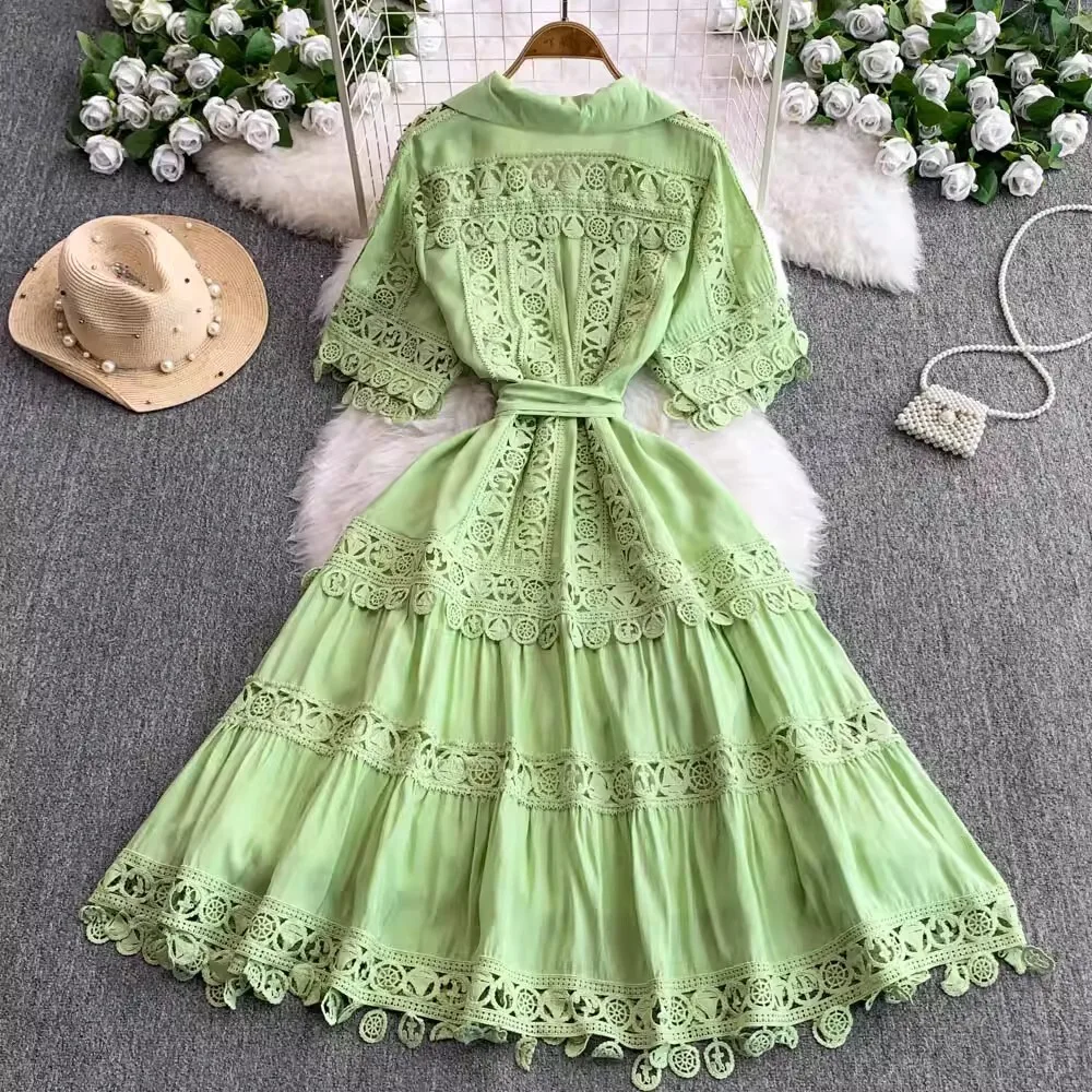 Elegant Summer Embroidery Long Dress Shirt Women Hollow Out Short Sleeve Loose Size A Line Midi Dresses Party Evening Vestidos