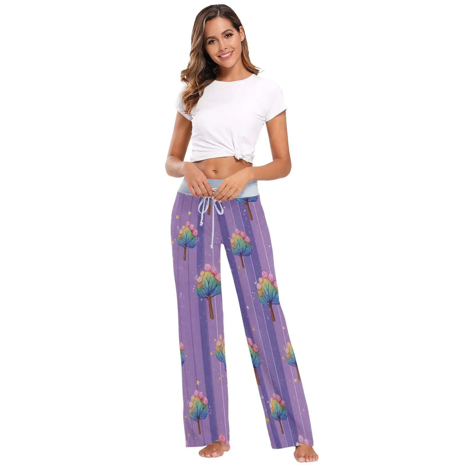 Cordão dormir inferior feminino calças compridas tamanho solto casa pijamas roxo sexy calça casual primavera verão moda pijamas