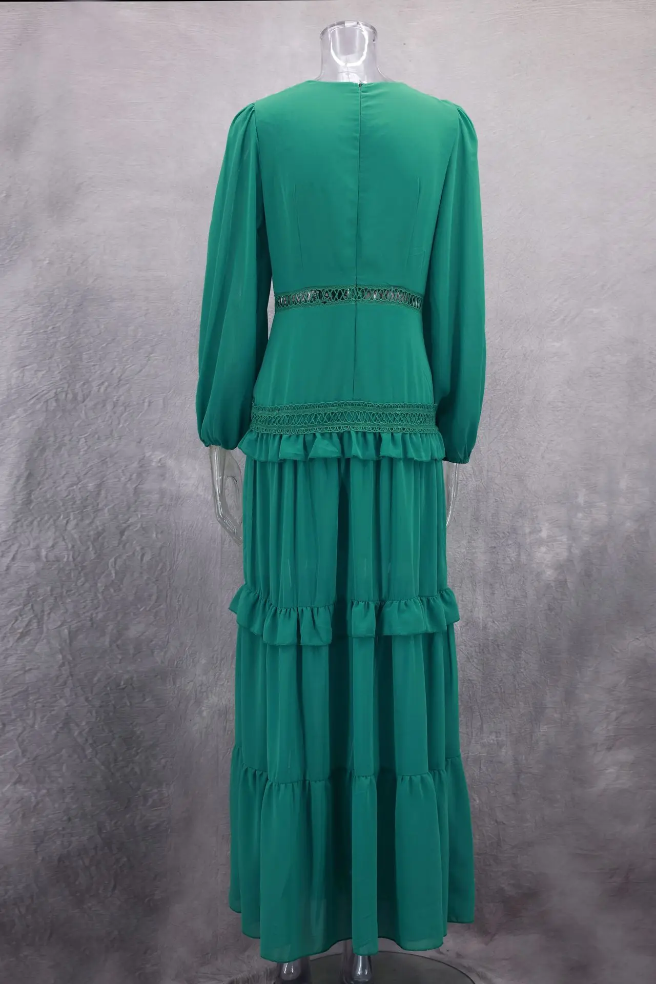 Feminino elegante em camadas babados retalhos vestido longo chique decote em v puff mangas completas dividir maxi vestidos moda senhora festa robes