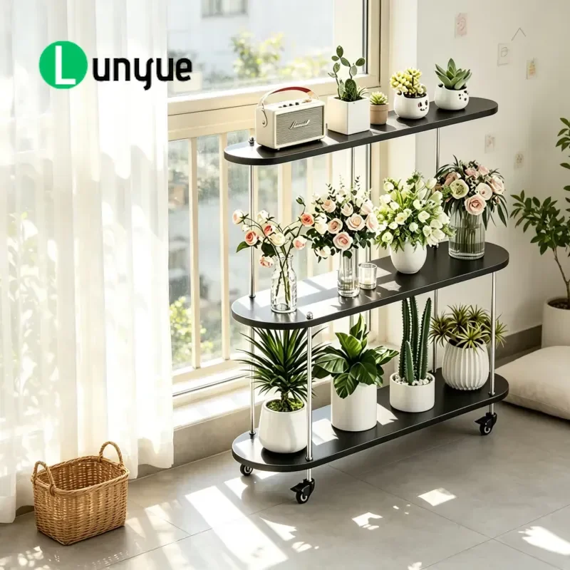 3 Tier Mobile Solid Wood Plant Stand Curved Flower Rack Indoor Rolling Stackable Waterproof Eco Friendly Display Shelf