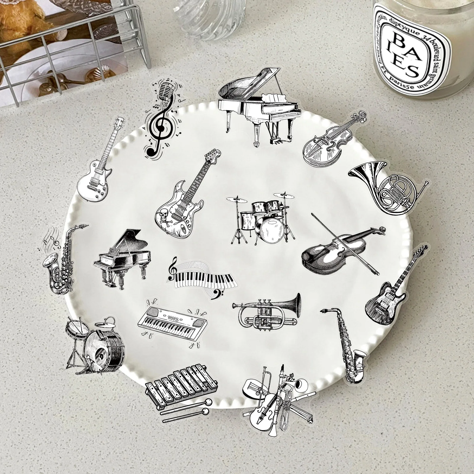 10/50PCS Black and White Musical Instruments Piano Guitar PET Decoration iPad Phone Case Laptop Waterproof Stickers Kids Toy