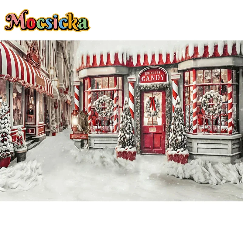 Christmas Candy Shop Backdrop For Photography Xmas Tree Winter Snow Red House Family Kids Baby Birthday Photo Background Studio