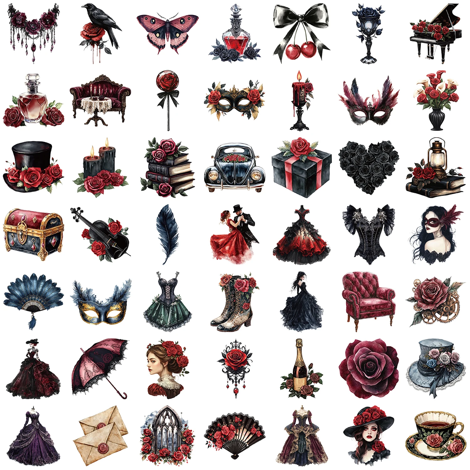 50pcs Black and Red Cartoon Mask Ball Series Stickers Waterproof Gothic American Rose Decoration DIY Water Cup Phone Stickers