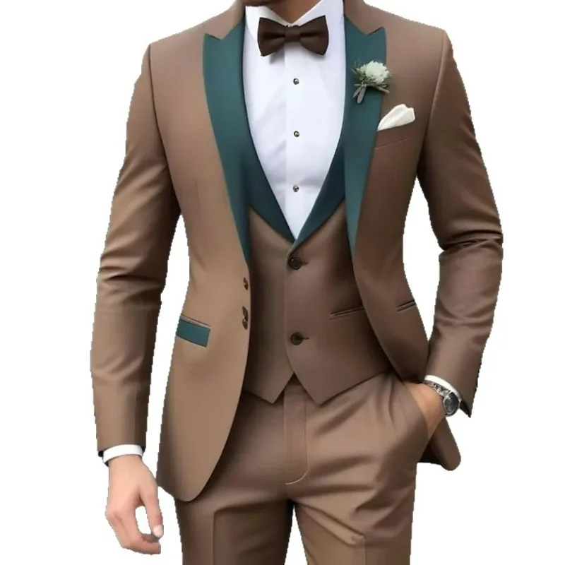Immagine 6: KIDWHXR Completo da uomo in tre pezzi, blazer slim con contrasto di colori, gilet con colletto alla coreana, pantaloni a gamba dritta, abito da uomo per matrimoni e spettacoli