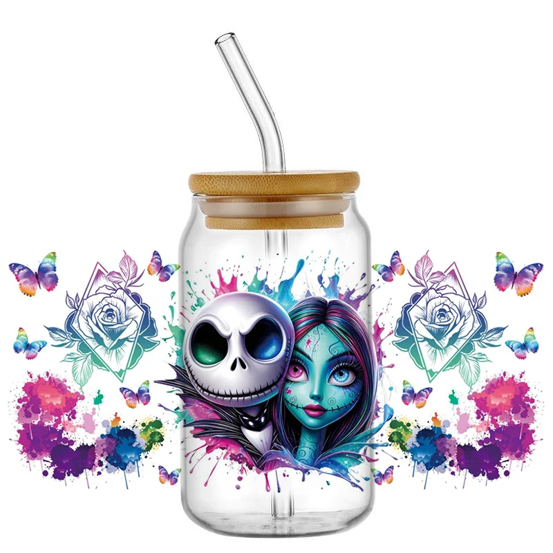 

Новый дизайн Jack Skellington Sally UV DTF Cup Wraps для 16 унций Водонепроницаемая УФ-переводная наклейка DTF Очки Кружка DIY Наклейка Wrap