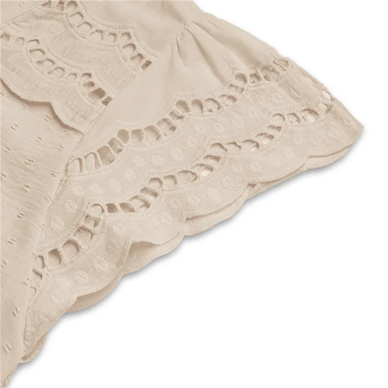 

QV-Women's Eyelet Embroidery Blouse V Neck Button Down Shirt Flounce Short Sleeve Top With Cutout Detail